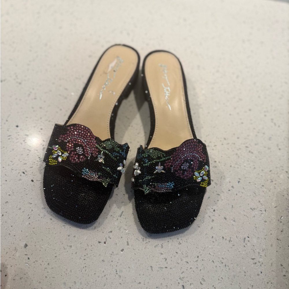 Betsey Johnson Black Beaded Mules with Multicolor Accents
